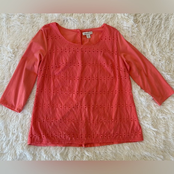 Coldwater Creek Tops - Coldwater Creek | Coral Eyelet 3/4 Length Sleeve Top